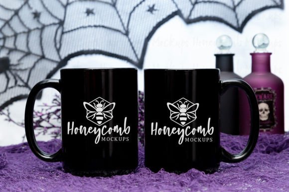 Two Halloween 15oz Black Mugs Mockup - Graphics for Seasonal Selling